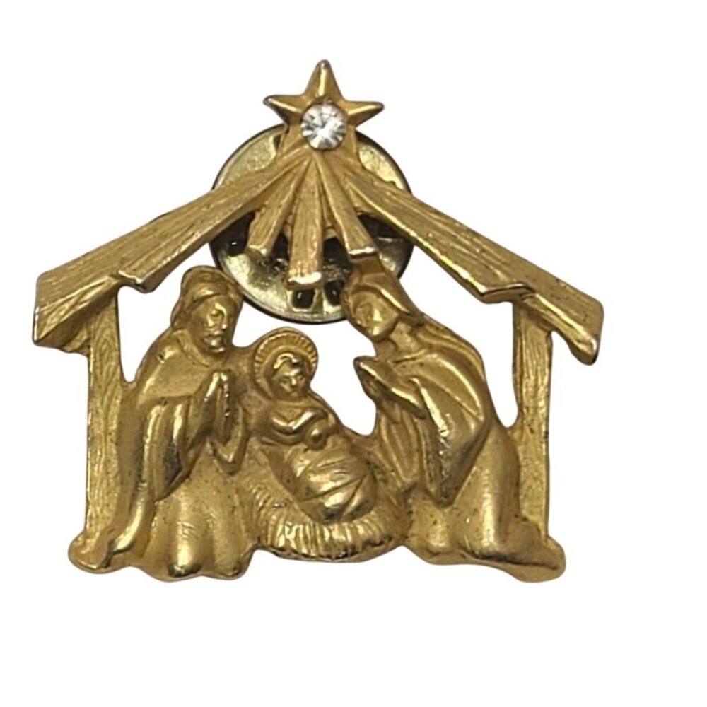 Vtg Nativity Scene Lapel Pin Gold Tone w/ Rhinestone Star Christmas Religious
